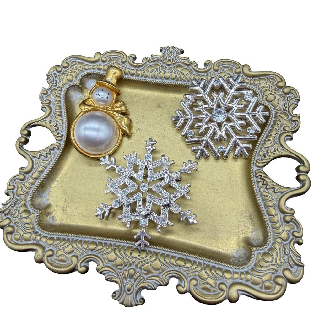 Vintage Winter Brooch Lot: Snowflake & Snowman Pins